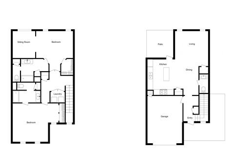 Floor plan for 2 beds, 2.5 baths, 1600 sqft